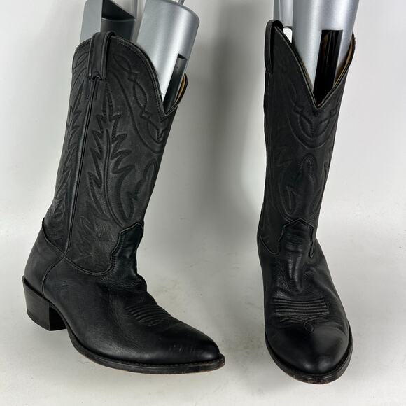 Nocona Cowboy Boots Men's 8 Black Leather Embroidery Stitch Mid-Calf Western